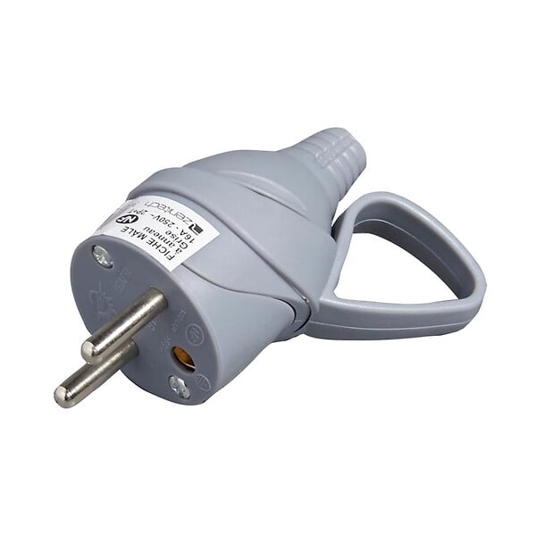 Fiche électrique mâle à anneau 2 pôles + terre 16 A. gris