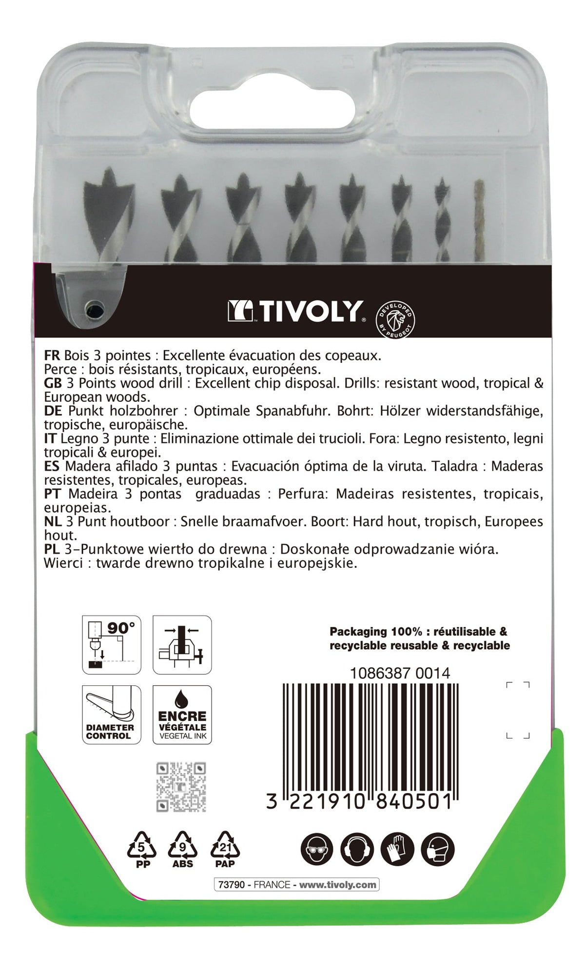 Tivoly Coffret 8 forets bois 3 pointes gradués SLR Ø 2 à 10mm