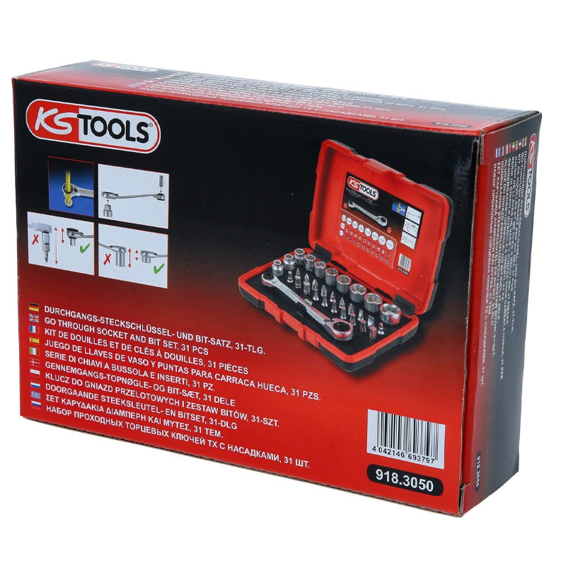 Coffret de douilles traversantes de 5 à 14mm et embouts de vissage 1/4, 31 pcs - KS TOOLS - 918.3050