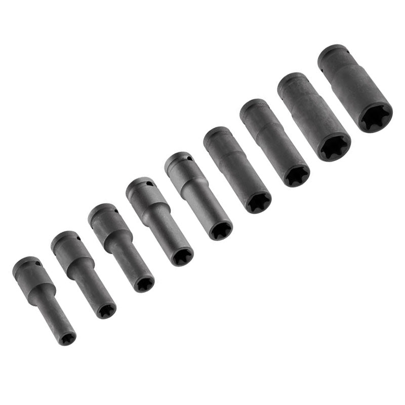 Jeu de douilles à chocs 1/2" E Torx longues 9 pcs (E10, 11, 12, 14, 16, 18, 20, 22, 24) CR-MO - NEO TOOLS - 12-110