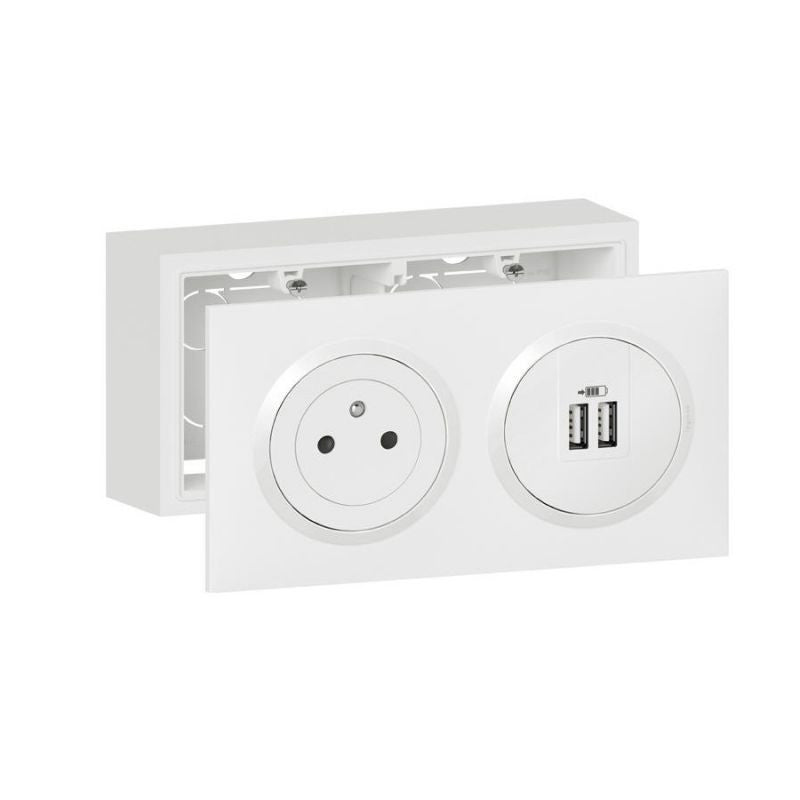 Kit prise + chargeur LEGRAND Surface Dooxie avec cadre saillie 2 USB type A 2,4A