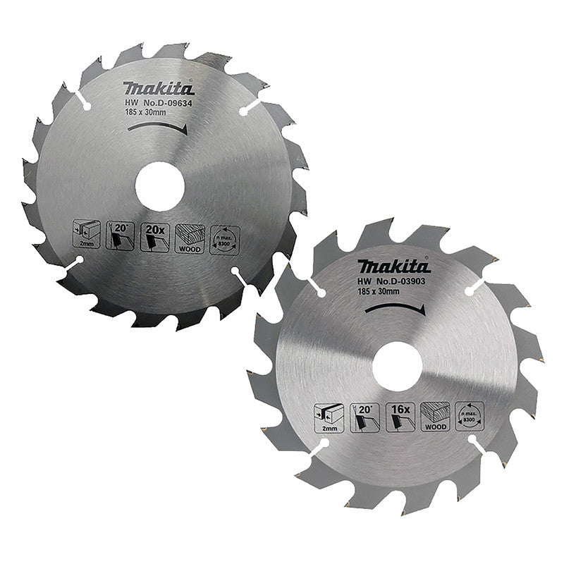 Lot de 2 lames carbure bois MAKITA D-20052 185x30mm, 16/20 dents, pour scies circulaires
