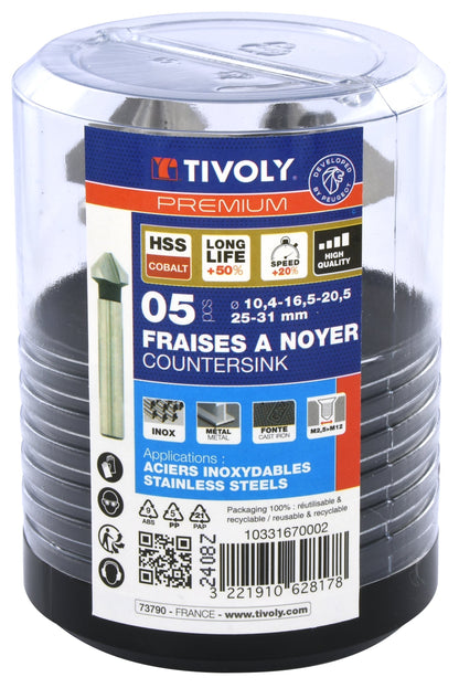 Tivoly   Coffret 5 fraises à noyer HSSE5% cobalt DIN335C à 90° Ø 10,4 à 31 mm PREMIUM