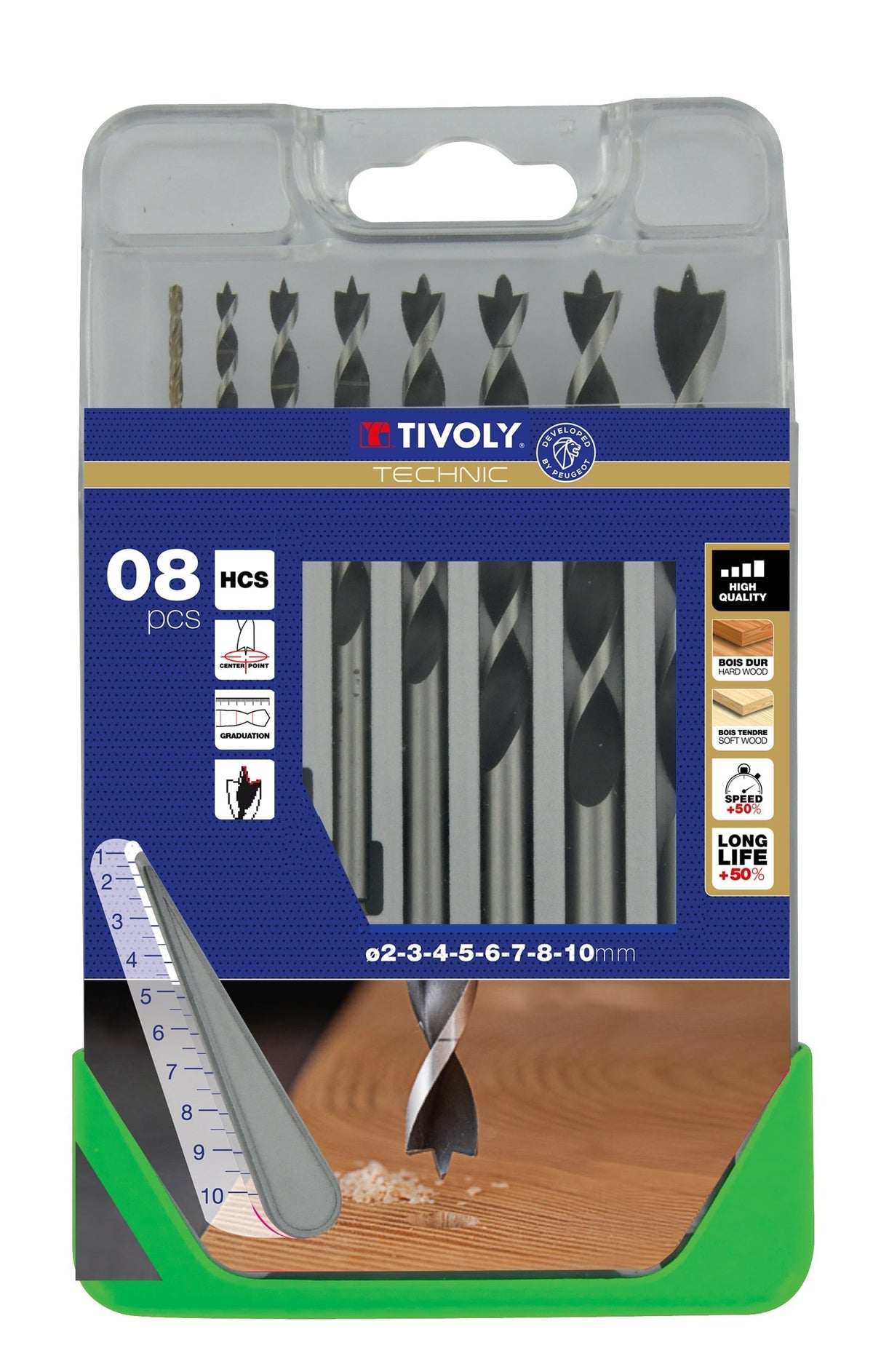 Tivoly   Coffret 8 forets bois 3 pointes gradués SLR Ø 2 à 10mm