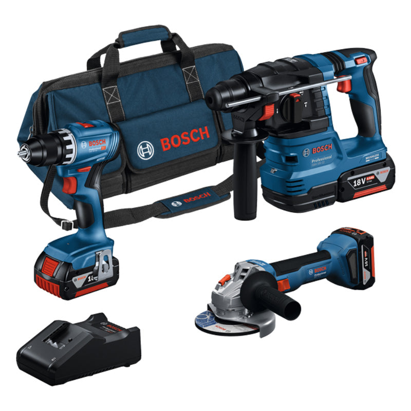 Pack 3 outils BOSCH 18V : Perceuse-Visseuse GSR + Meuleuse angulaire GWS + Perforateur SDS Plus GBH + Batterie ProCORE18V 3x4,0Ah + Chargeur GAL 1880  SAC (C)