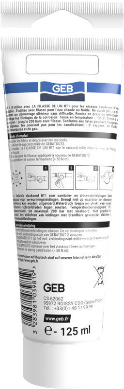 Pâte à joint non durcissante GEB Gebatout 2 pour raccords filetés métalliques 125ml