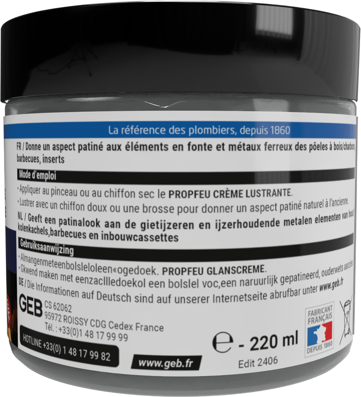 Crème lustrante GEB Propfeu effet patiné pour l’entretien et la protection des fontes et métaux 220ml