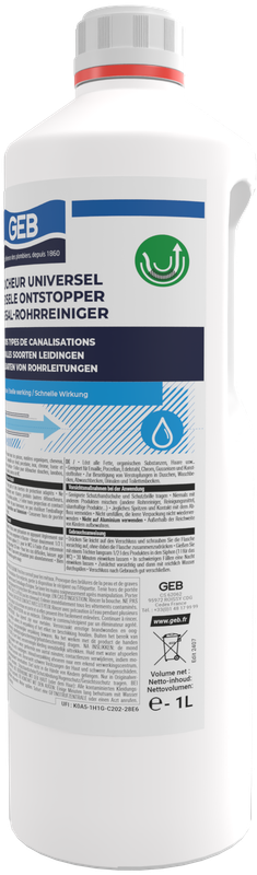 Déboucheur Universel liquide GEB sans odeur à base de soude 1L