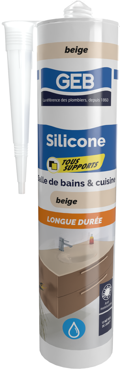 Mastic silicone tous supports GEB couleur beige pour l'étanchéité sanitaire 280 ml