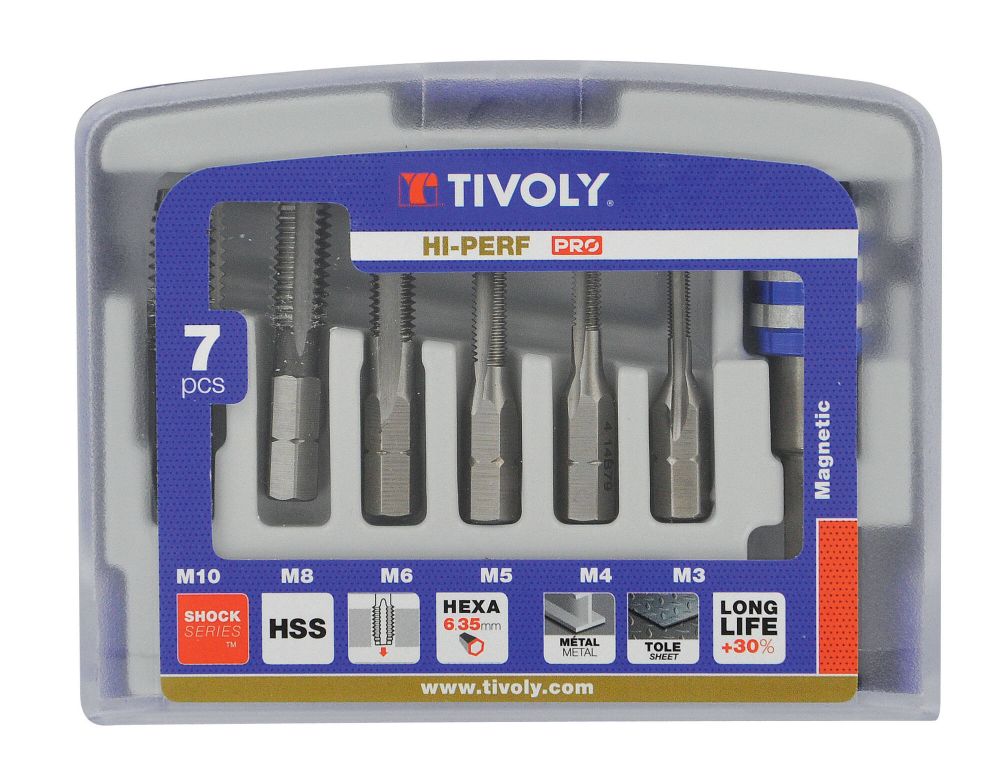 Tivoly   7 pièces - 6 tarauds HSS queue hexagonale M3 à M10 -Porte-embout Quick change