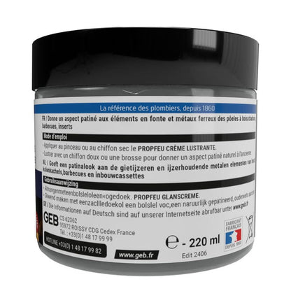 Crème lustrante GEB Propfeu effet patiné pour l’entretien et la protection des fontes et métaux 220ml
