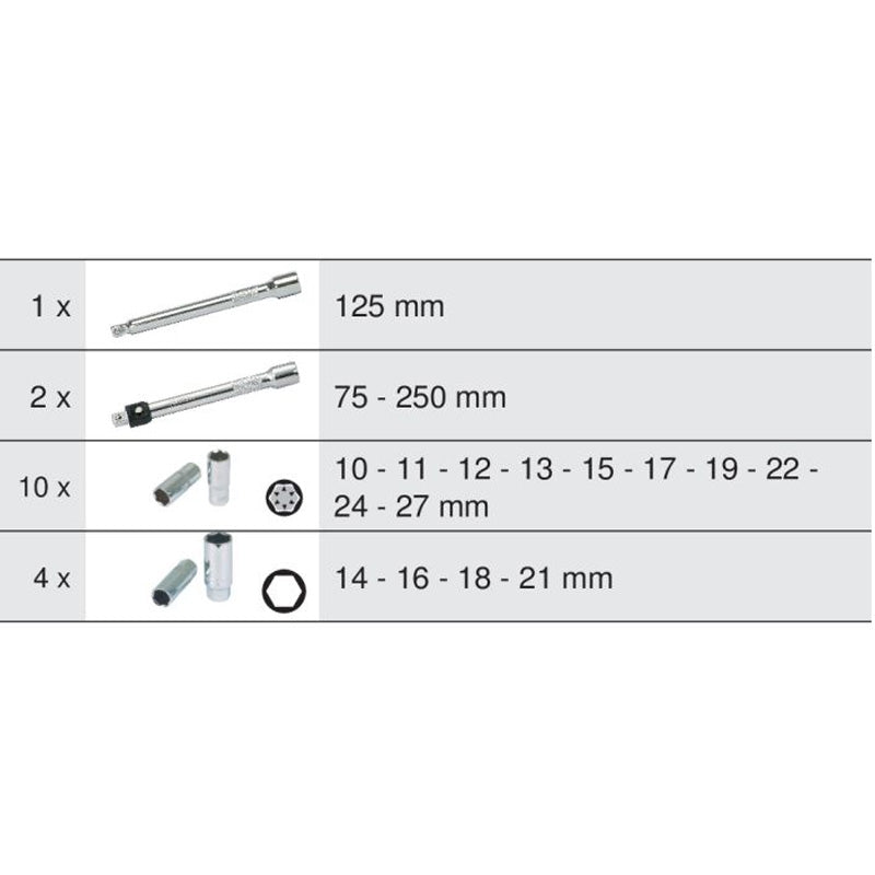 Module de douilles longues et accessoires 1/2'',  17 pièces  - KS TOOLS - 713.1026