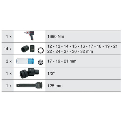 Module de douilles et clé à chocs pneumatique 1/2'', 20 pièces  - KS TOOLS - 712.1020