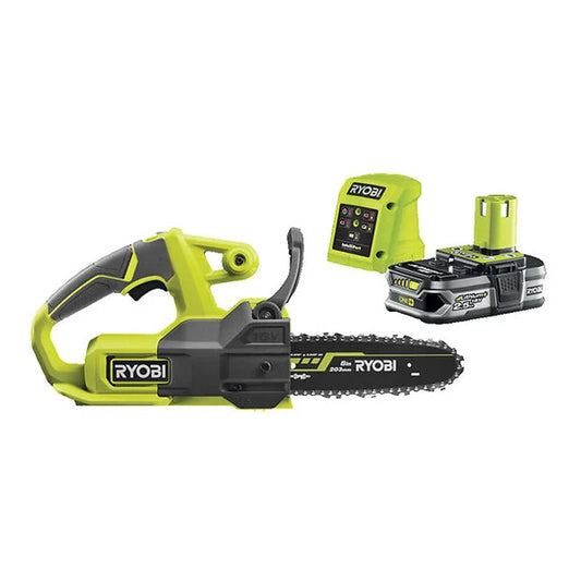 Tronçonneuse compacte 18V - RYOBI RY18CS20A-125 - guide 20 cm - 4,6 m/s - tendeur latéral - 1 batterie lithium+ 18V 2,5 Ah et 1 chargeur 1,5 Ah