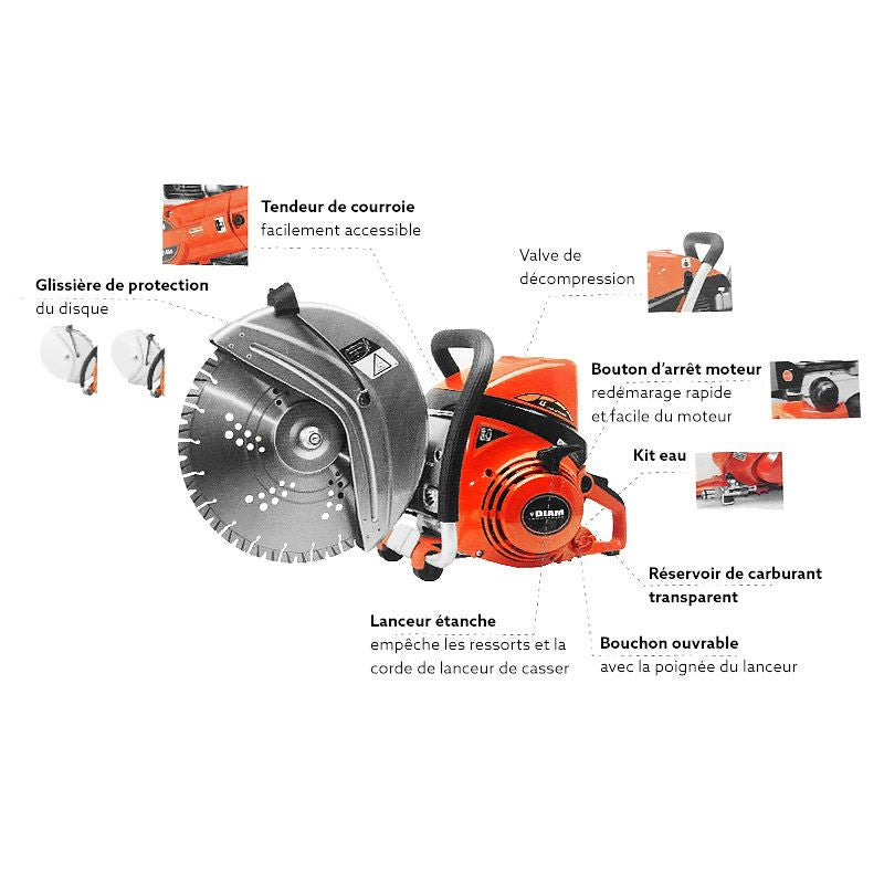 Découpeuse thermique DIAM INDUSTRIES EC741S 3,2 kW  73,5 cm3 avec 3 Disques Ø 350 mm LM88350/20