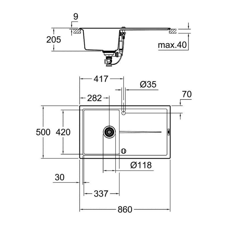 Évier K400 GROHE 31640AP0 1 bac + 1 égouttoir - 86 cm - noir granite