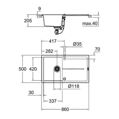 Évier K400 GROHE 31640AP0 1 bac + 1 égouttoir - 86 cm - noir granite