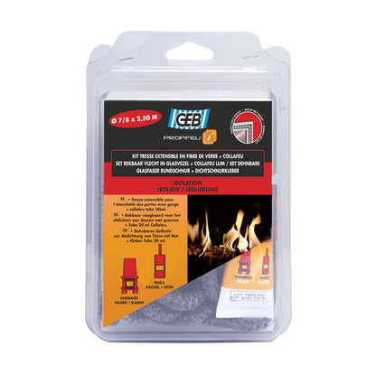 Kit complet GEB Tresse ronde 2,5m Ø 7 à 8mm en fibre de verre + Colle réfractaire Collafeu 20 ml