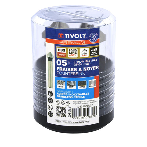 Tivoly   Coffret 5 fraises à noyer HSSE5% cobalt DIN335C à 90° Ø 10,4 à 31 mm PREMIUM