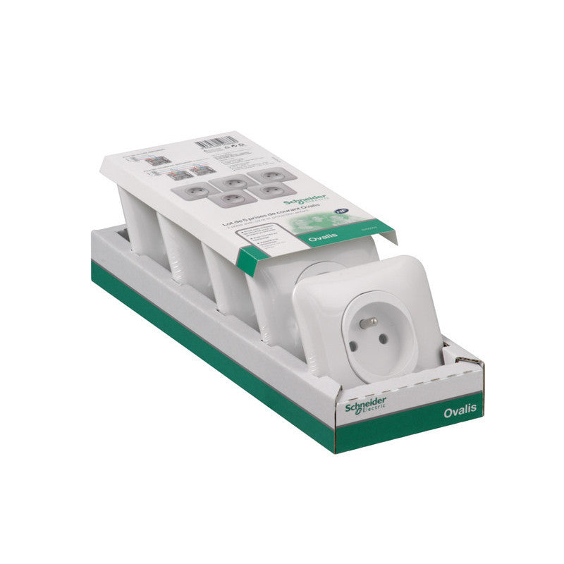 Pack de 5 prises de courant encastrées SCHNEIDER Ovalis S26S059- 2P+T - 16A - 250V - blanc