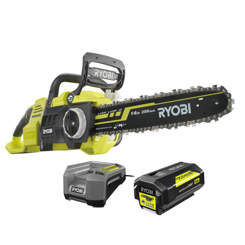 Tronçonneuse Brushless RYOBI RY36CSX35A-150 36V - Guide 35cm - 21 m/s - tendeur sans outil - 1 batterie lithium+ 36V 5,0 Ah et 1 chargeur 1,7 A